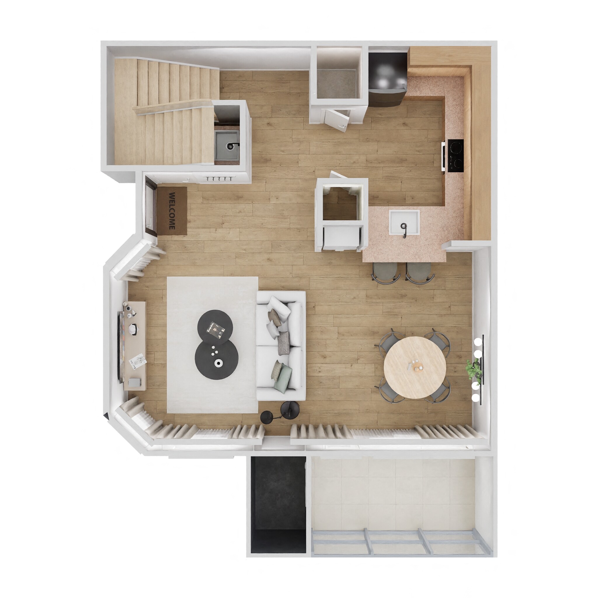 Floor plan for 2 beds, 1.5 baths, 891 sqft